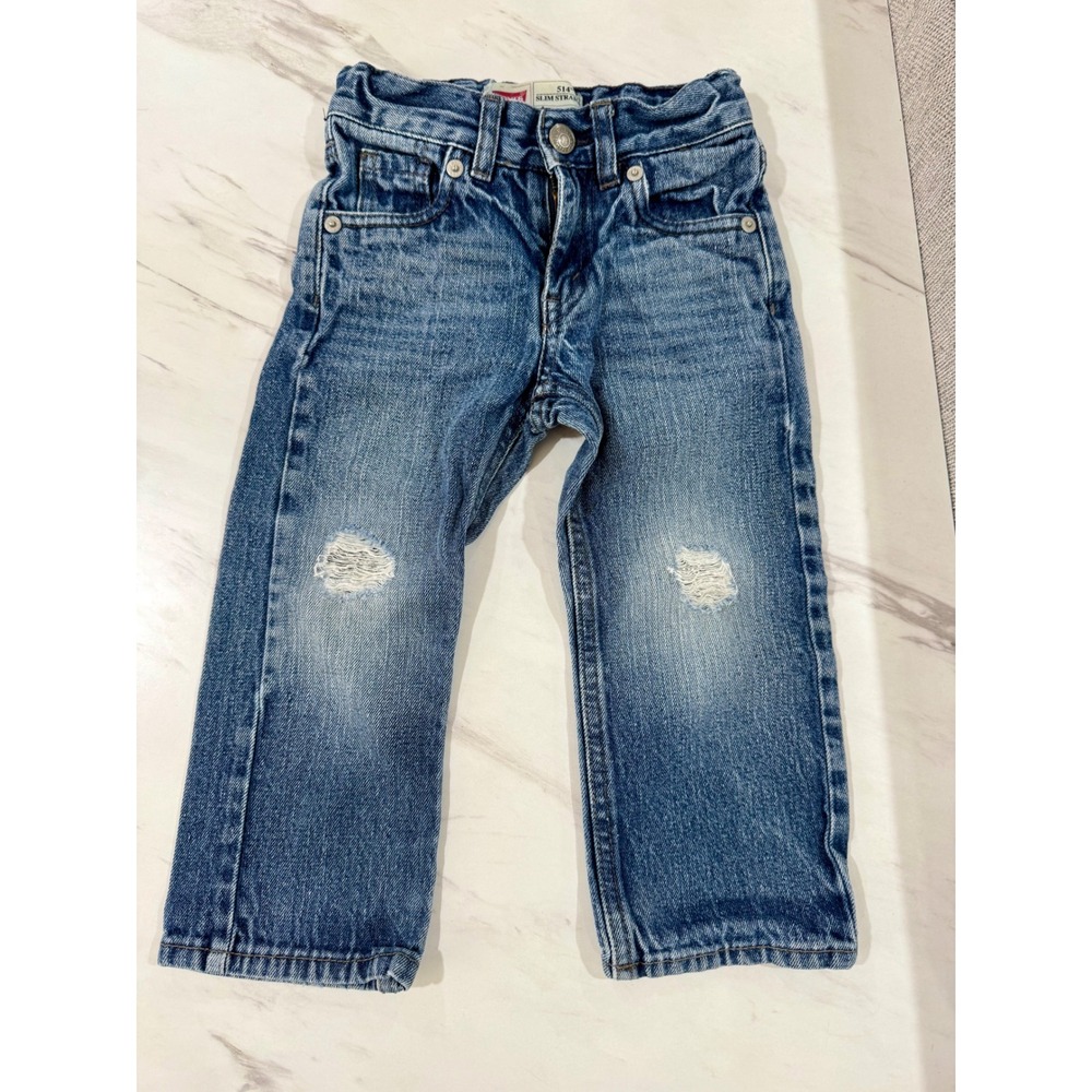 Levis 514 Slim Straight Jeans Toddler Boys 2T Blue Denim Distressed Adjustable